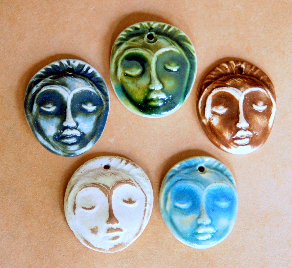 5 Handmade Ceramic Beads - Face Beads - Meditation Goddess