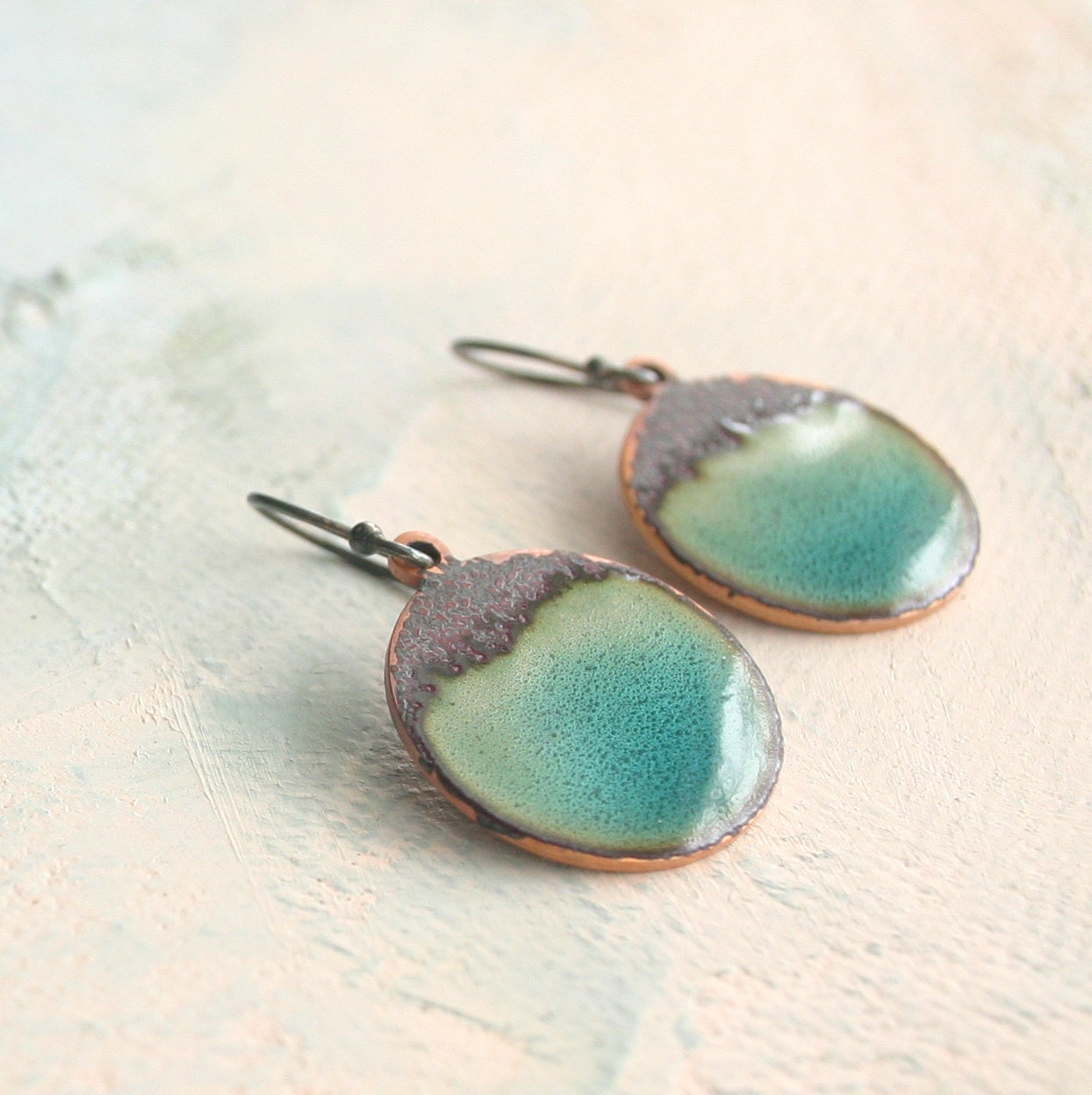 Organic Blue Aqua--- handmade turquoise ocean enamel on copper and sterling silver small hoops earrings