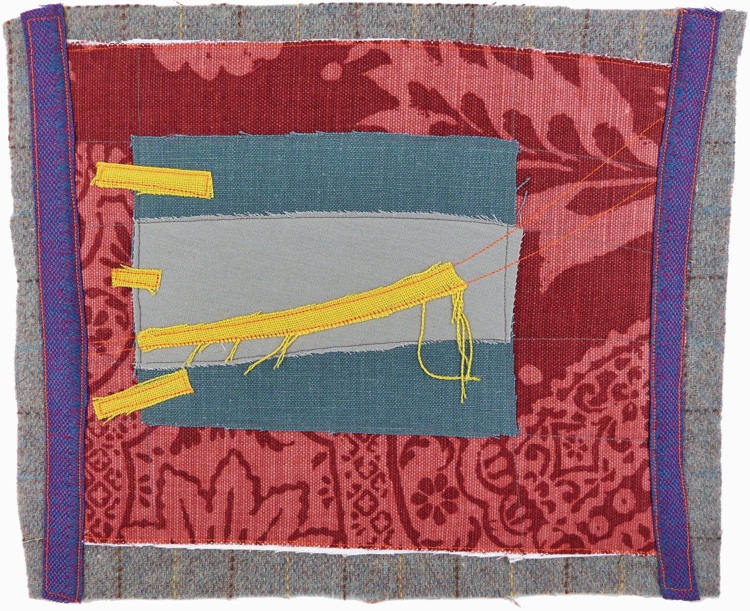 4.23.2013, textile drawing, small art quilt, contemporary fiber art, abstract, haiku, rose, gray, yellow, purple, neon orange thread