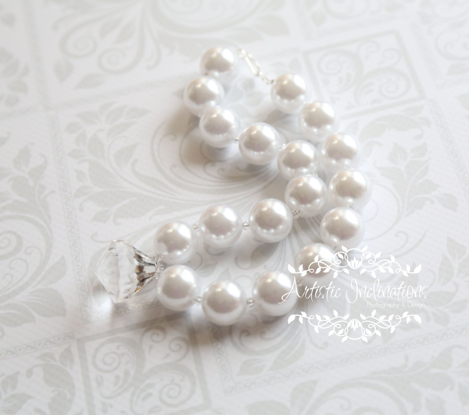 Innocence - White Pearl Chunky Necklace with Swarovski Crystals, Elegant Photo Prop