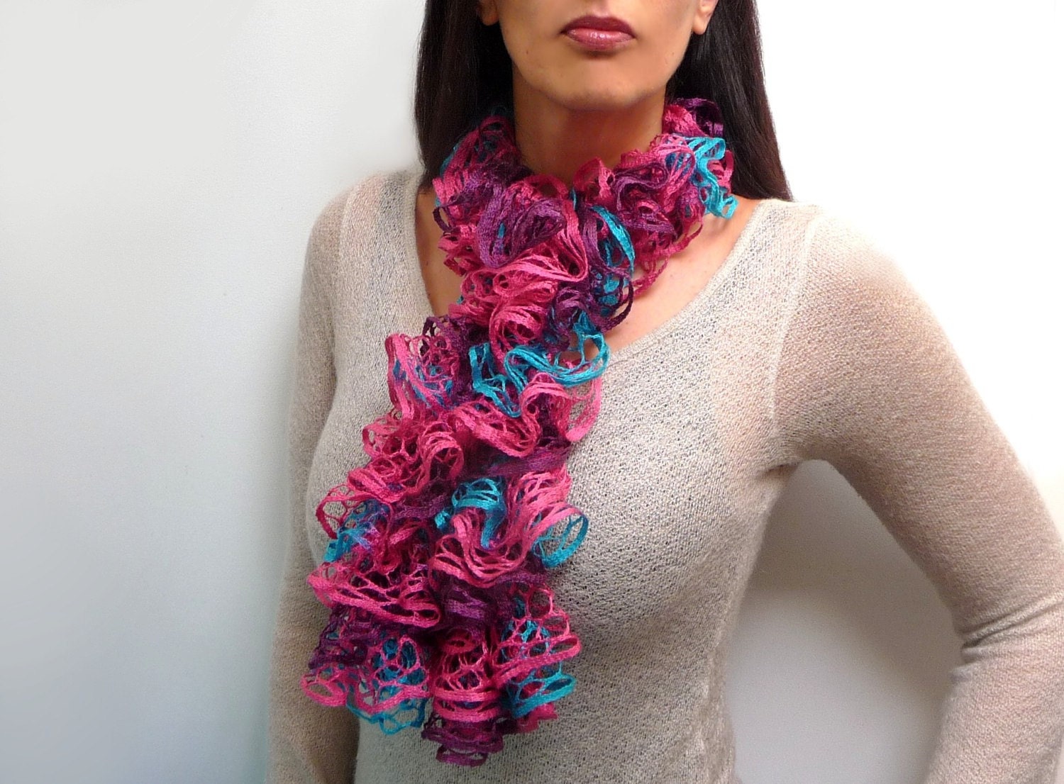 Hand Knit Ruffle Scarf - Multicolor Scaflette - Boho Neckwarmer - Pink, Purple, Turquoise