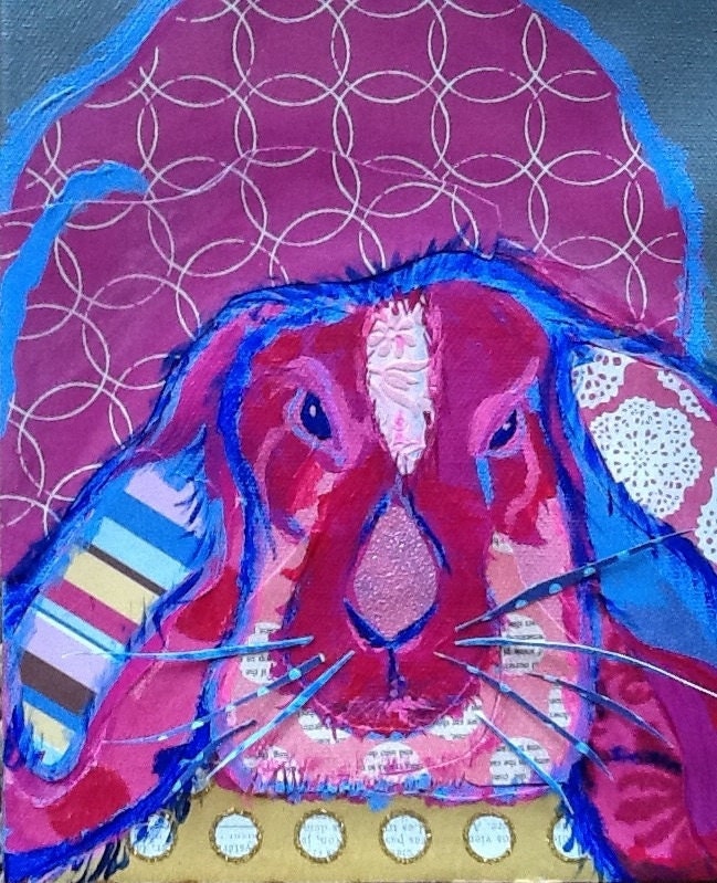 Pinks and Periwinkle Fat Bunny Original Paper Collage Painting