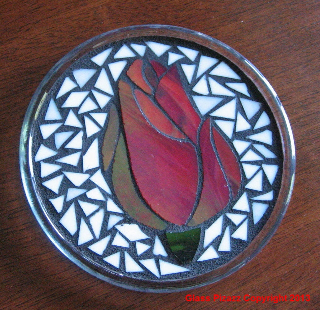 Red Rose Bud Mosaic, Candle Holder, Wine Bottle Coaster, Red Rose with White Background and Black Grout