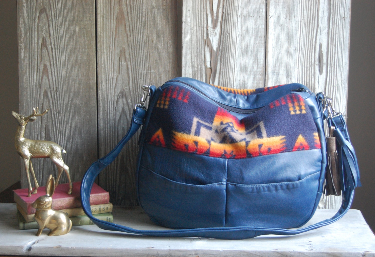 TUNDRA /// blue leather bag with pendleton navajo southwestern fabric