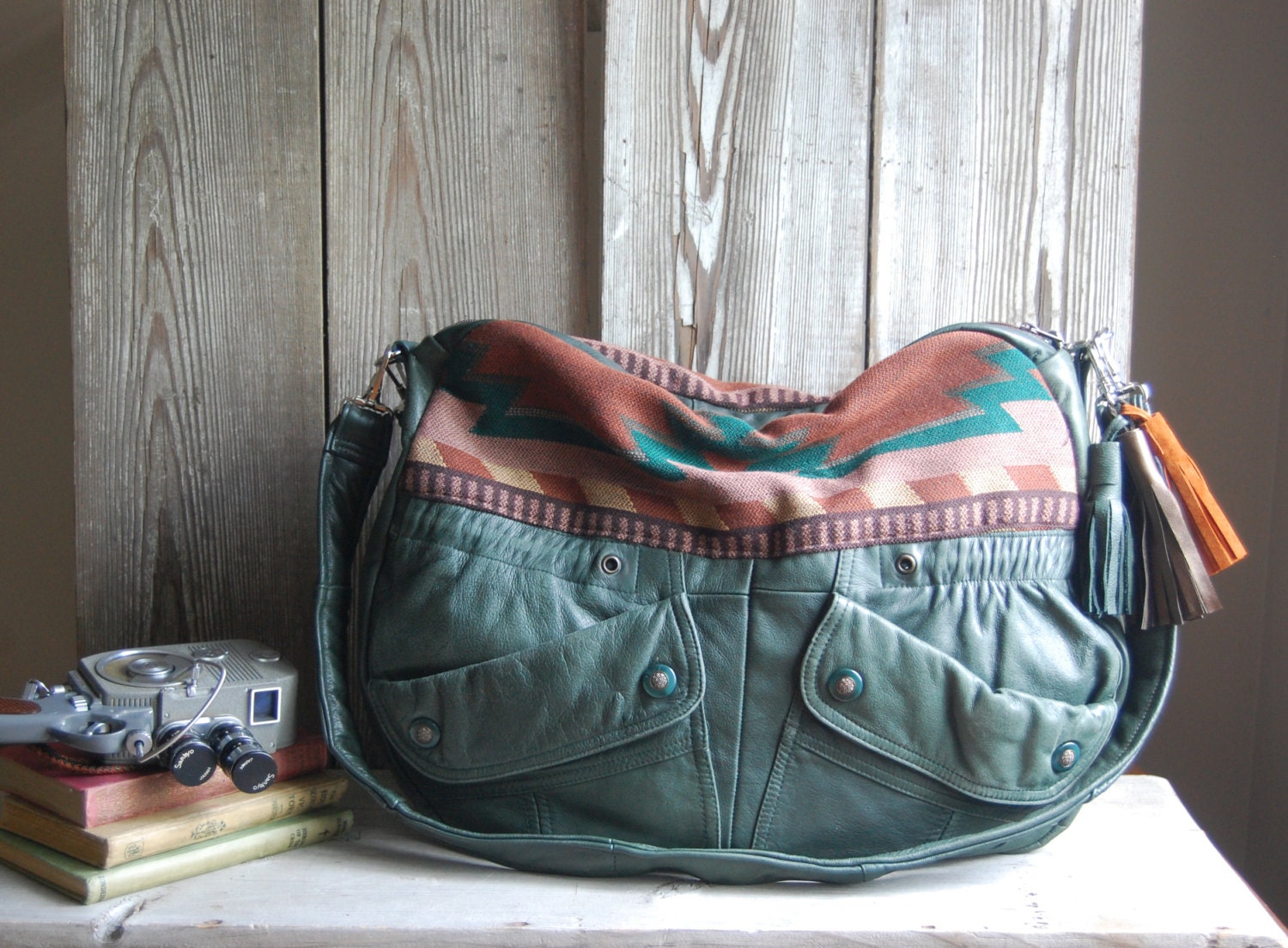TUNDRA /// green leather bag with navajo southwestern fabric