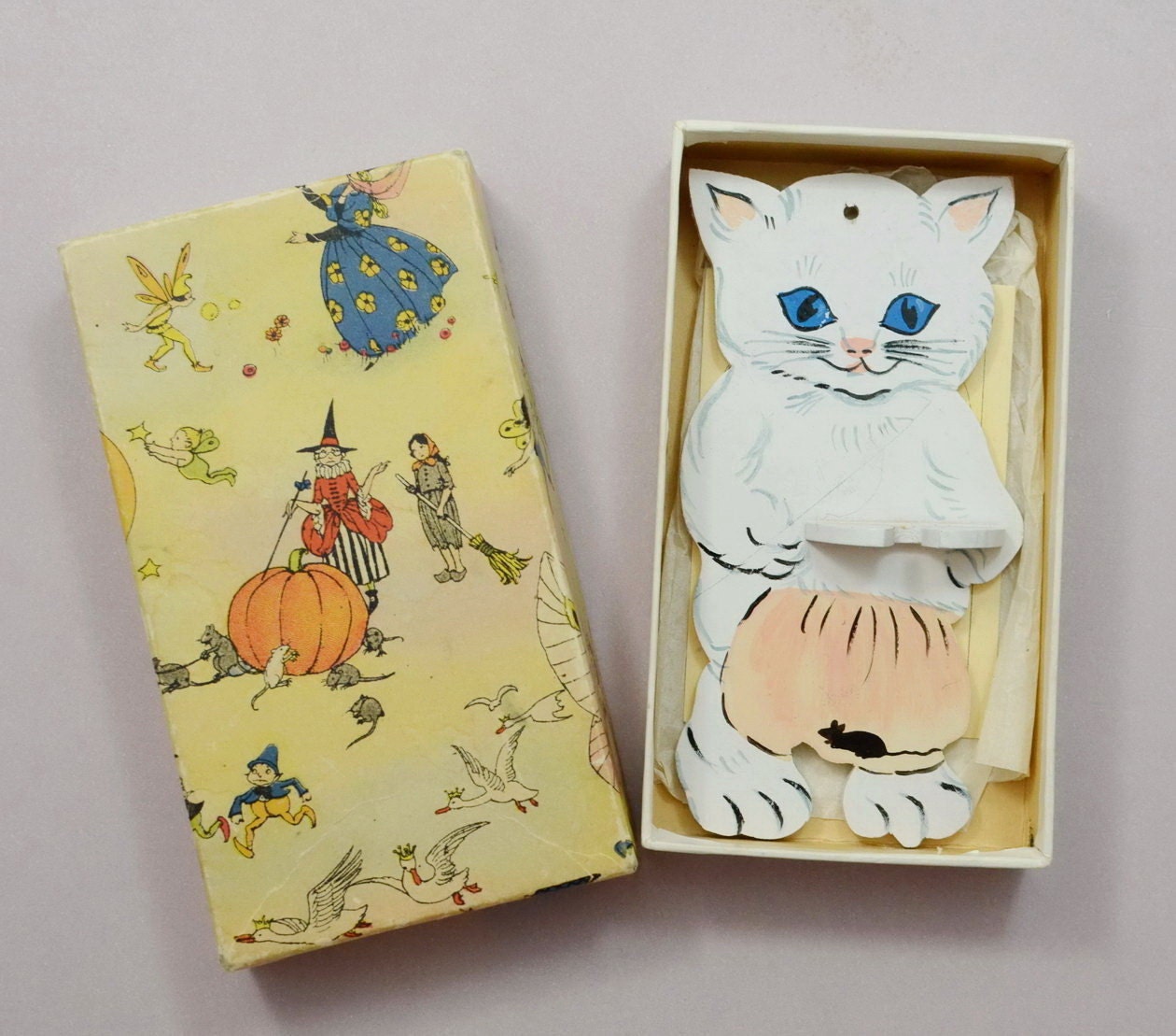 1920s Toothbrush Holder White Cat Wood Wall Hanging Box Fairy Tale