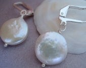 Genuine Fresh water Pearl  Coin on  leaver back earwire silver Earrings-Bride Jewelry-bridesmaid Flat coin pearl earrings