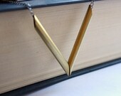 Brass Tube Cylinder Chevron Arrow on Gunmetal Chain Pendant necklace Free USA Shipping