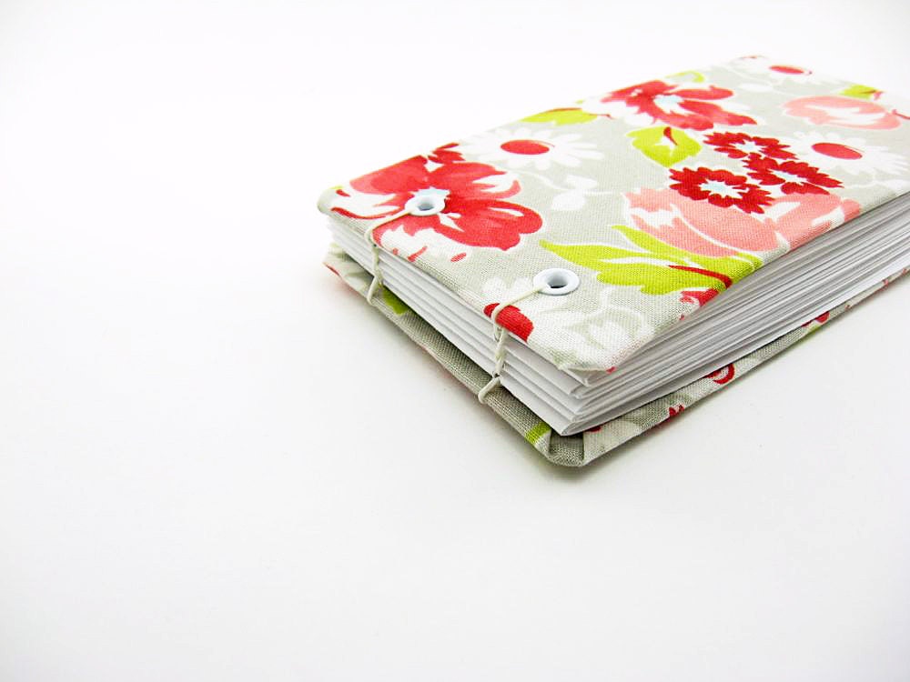3 x 6 Fabric Notebook Cover Coptic Bound Blank Journal Sketchbook - red, gray, floral, pink, green