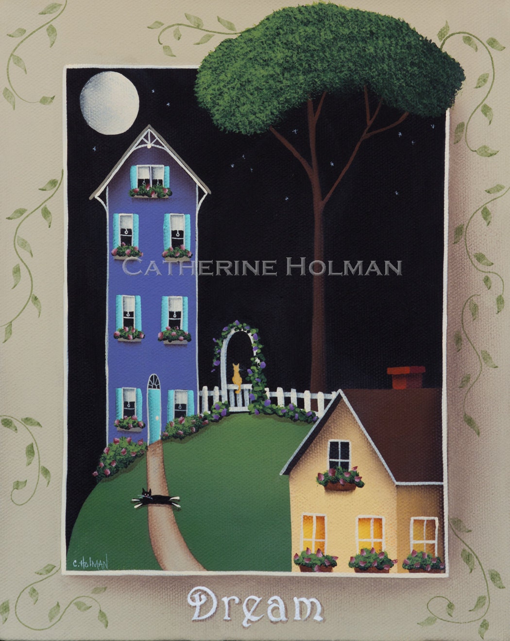 Folk Art Print Dream Cats