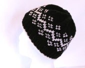 Hand knit hat Fair Isle black white ski cap skullcap beanie watch cap womens mens teens toque ski cap