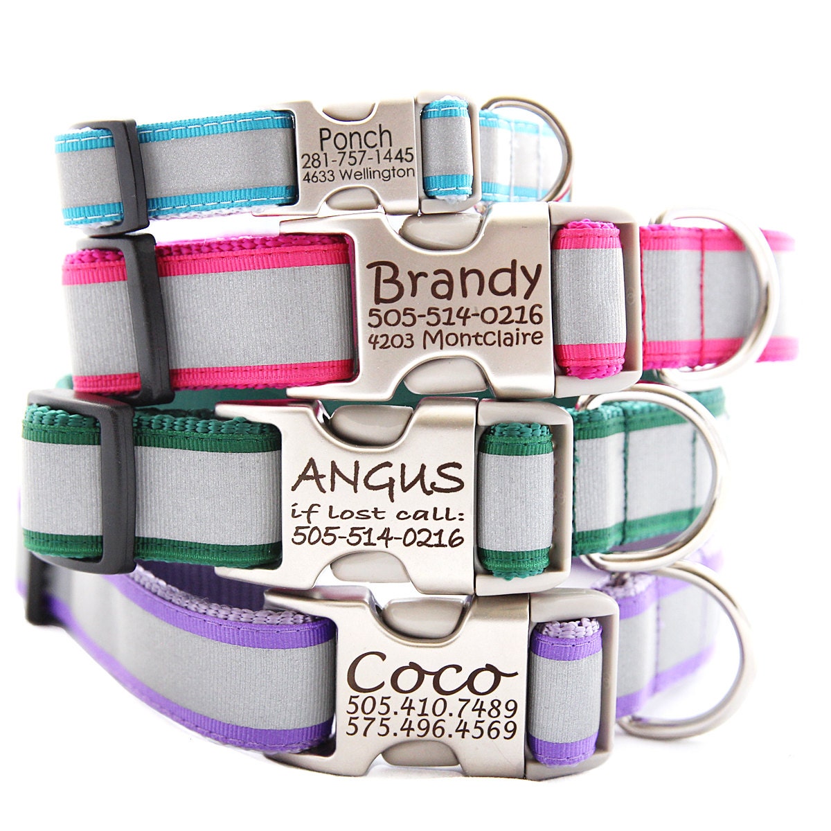 Personalized Reflective Dog Collar - with Laser Engraved Buckle - 5 Colors to Choose From