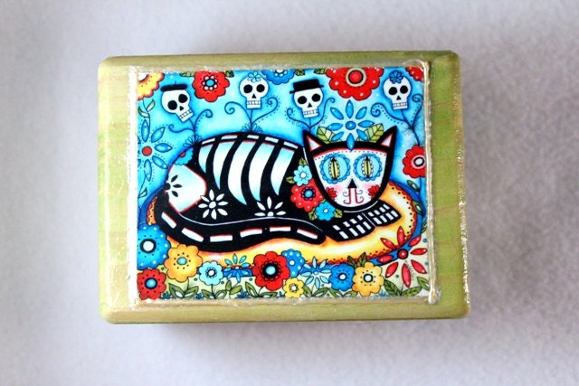 Jewelry Box, Day of the Dead Cat Art Wood OOAK Decoupaged Wooden Trinket Ring Box Earring Holder Original Art Print, Turquoise Blue Green