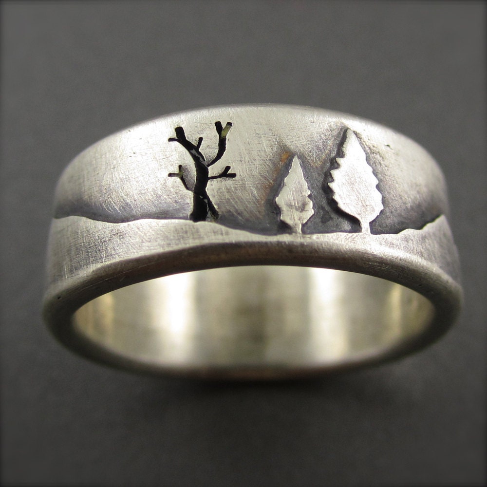 8mm Mountain Forest Wedding Band in Sterling Silver.