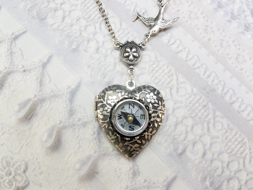 Silver Compass Locket - The ORIGINAL Silver Locket Necklace - Follow Your Heart COMPASS Locket - Valentine's Day Wedding Birthday Gift