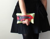 Chartreuse Red and Charcoal Gray Leather Wrist Clutch