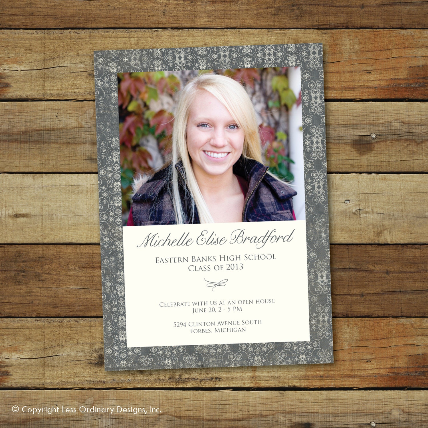 Custom photo graduation announcement, senior girl, class of 2013, party or open house invitation, gray damask