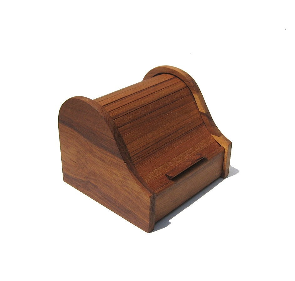 Arched Teak Tambour Box -  Roll Top Lid - Gailstyn Sutton - Stylish Storage