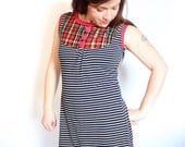 Womens Organic Cotton and Soy Bamboo Black and White Stripe Dress Medium with Vintage Plaid Bib and Red Trim // by Nicoles Threads