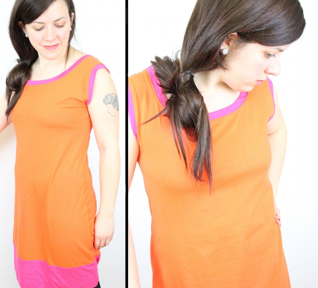 Womens Tangerine Orange and Hot Pink Color Block Neon Dress in Organic Cotton Jersey and Bamboo Rayon SMALL// by Nicoles Threads