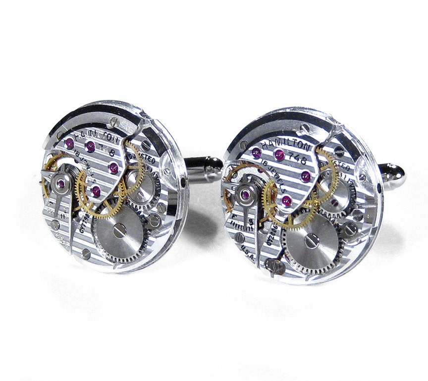 Steampunk Cufflinks Vintage HAMILTON PINSTRIPED Round Watch Mens Weddings Anniversary Fathers Day Groom - Steampunk Jewelry by edmdesigns