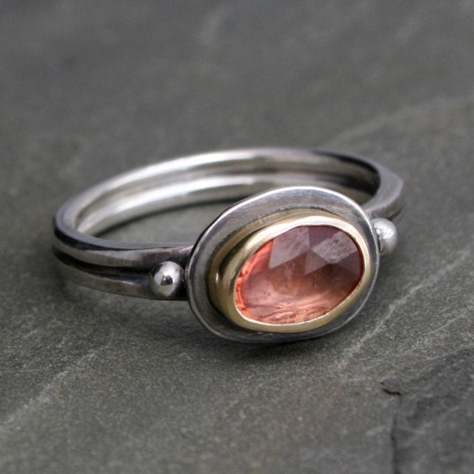 Rose Cut Padparadscha Sapphire, 14k gold with Sterling Silver, Faceted Gemstone, Jewel ring, Mixed metals