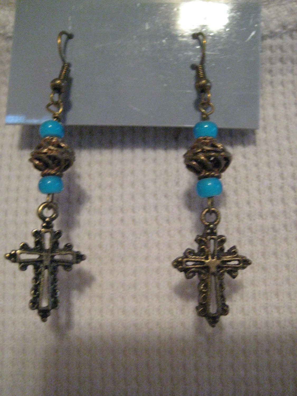 Antiqued Gold Cross with Aqua Blue Czech Glass Bead Earrings