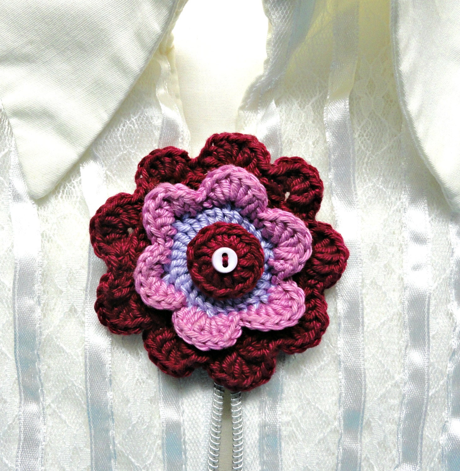 Supplies ornaments brooch Handmade CROCHETED FLOWER applique in purple , pink and bourdeaux by artefyk