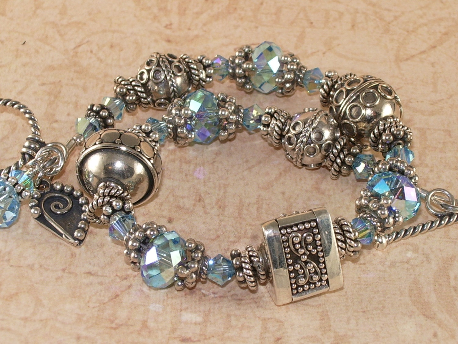 Aqua Crystal Bracelet, Swarovski, Aquamarine, Bali, Sterling Silver, Charm, Handmade Jewelry