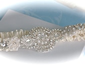Gorgeous Crystals, Pearls and Rhinestone Applique on Ivory Satin Bridal Garter