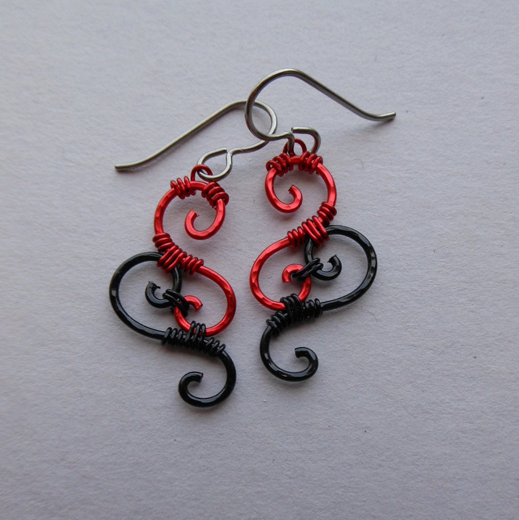 Red and Black Wire Earrings -- Swirling Spiral Wire Wrapped Filigree Earrings, Titanium Ear Wires