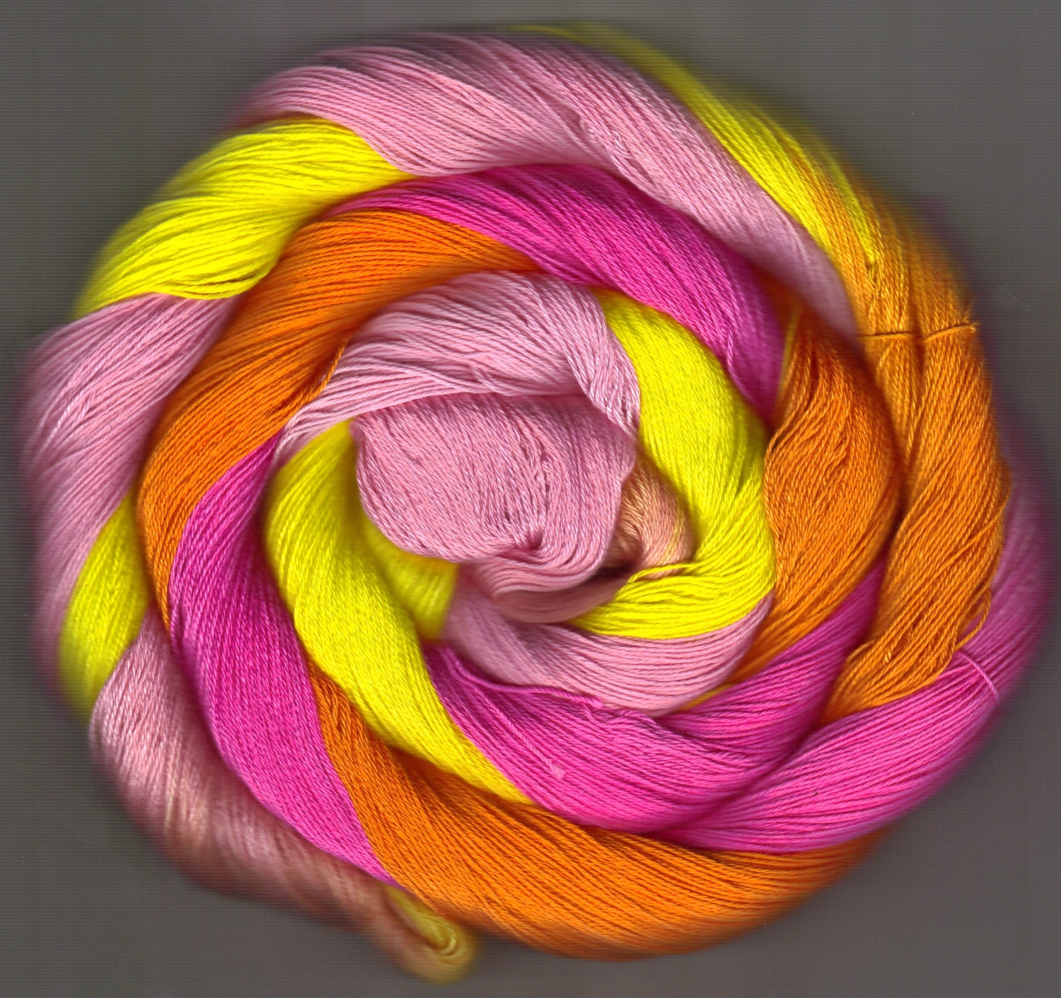 50 yards Hand Dyed Size 10 Cotton Crochet Thread orange pink yellow Kapena