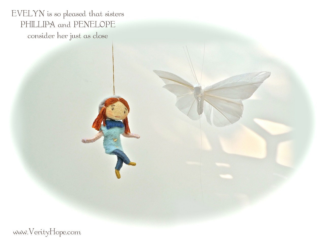 Evelyn miniature hanging ornament doll. Friend of Verity Hope