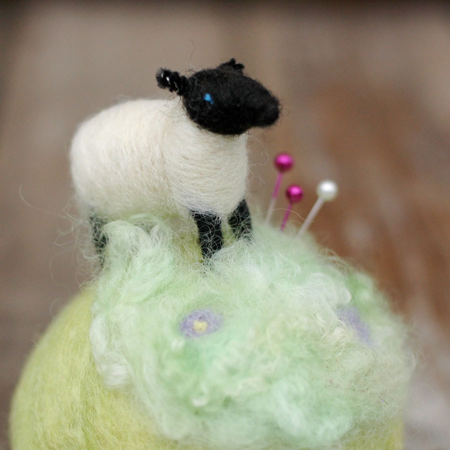 Suffolk in the Lavender Flowers - Mini Sheep on a Meadow Needle Felted Pincushion