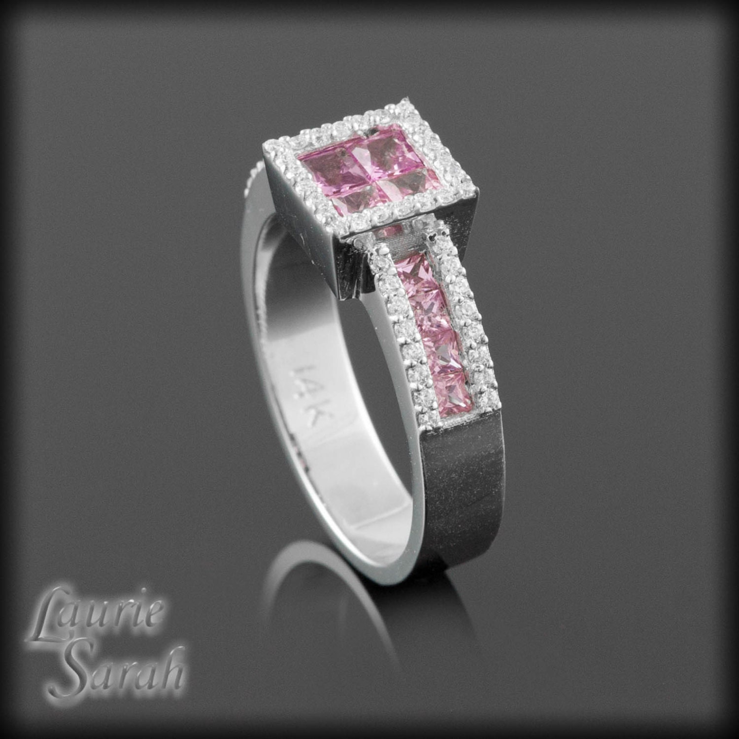Pink Sapphire and Diamond Ring - Invisible Set Princess Stones - LS673