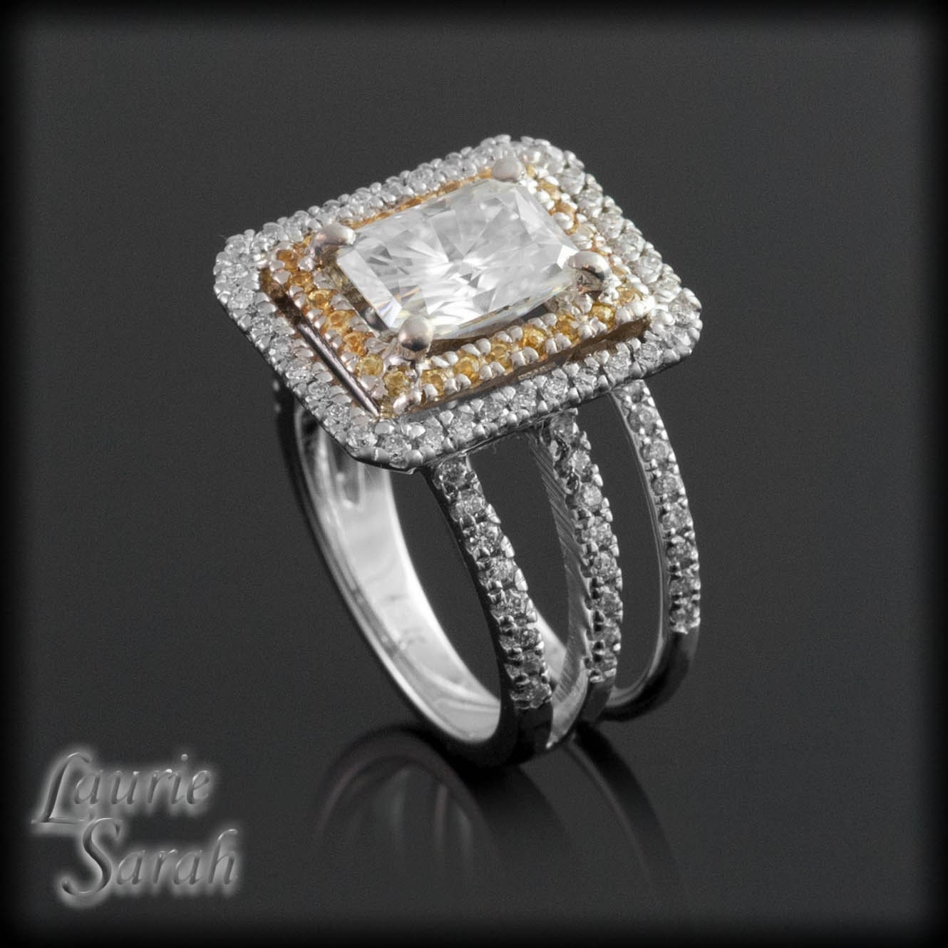 Radiant Cut Moisanite Engagement Ring with Yellow Sapphire and Diamond Double Halo with Diamond Wedding Band in 14kt White Gold - LS2728