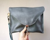 NEW//Silver Grey Leather Clutch with Wristlet Strap