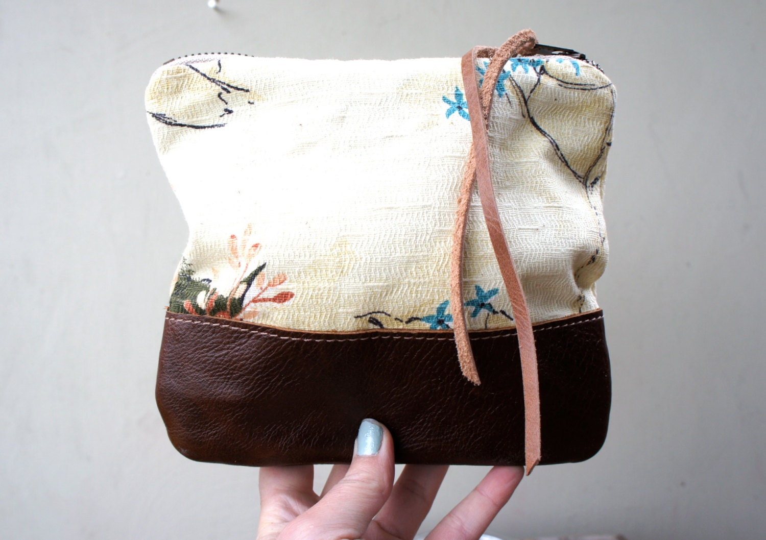 Vintage Barkcloth Fabric and Leather Pouch