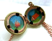 Night Camping Locket - Campfire, Tent and Stars in the Great Outdoors, Miniature Painting