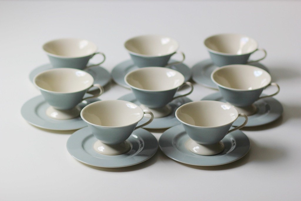 set of 8 powder blue footed teacup and saucers in excellent condition