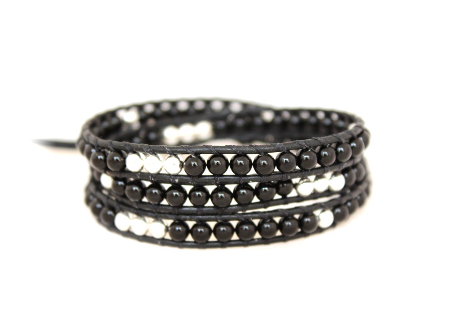 Black Onyx and Sterling Silver Beaded Leather Wrap Bracelet By CraeVita Triple Wrap
