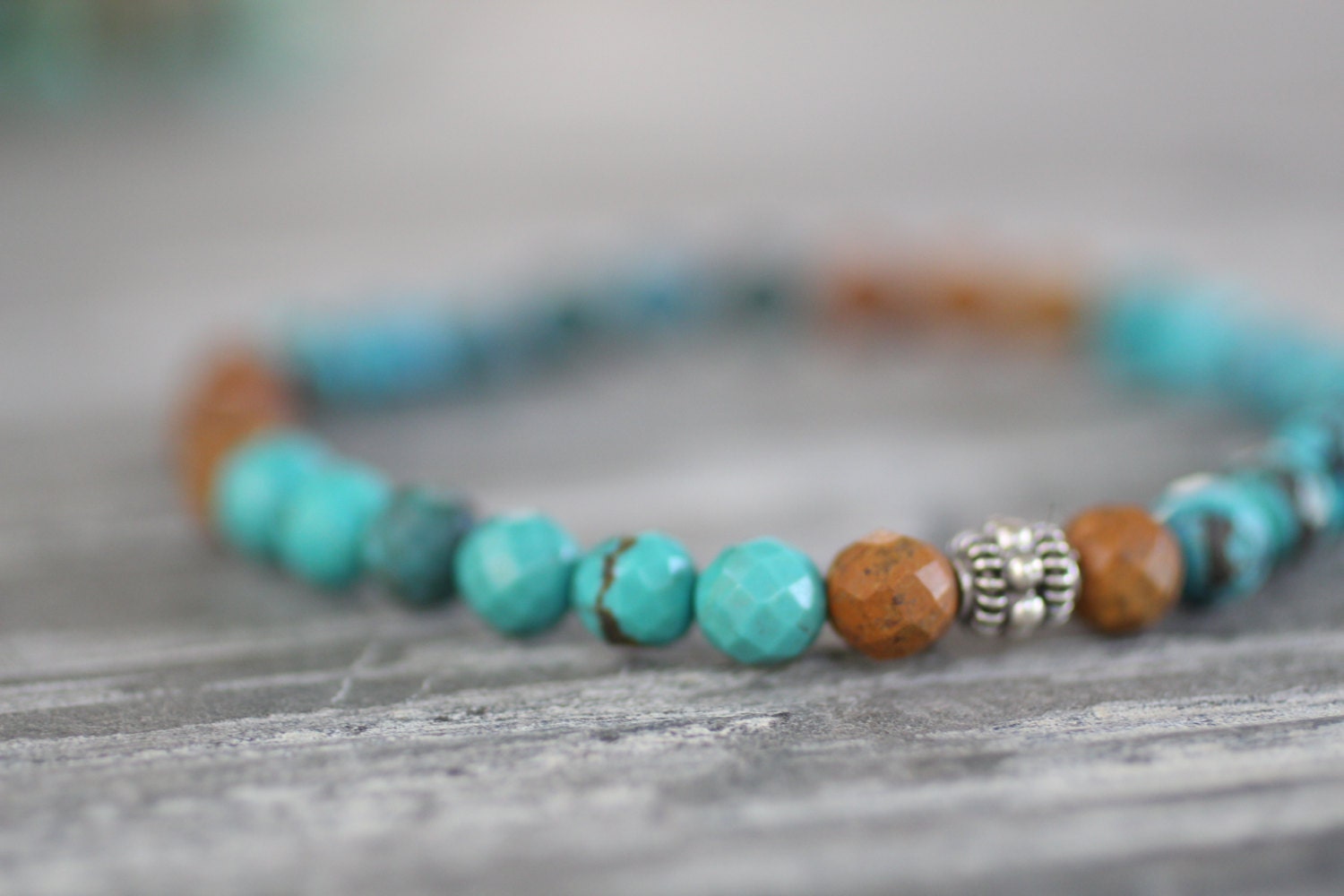 All Natural Turquoise Beaded Stretch Bracelet. Faceted Multicolored Turquoise With Bali Sterling Silver Bead. Blue Green Brown