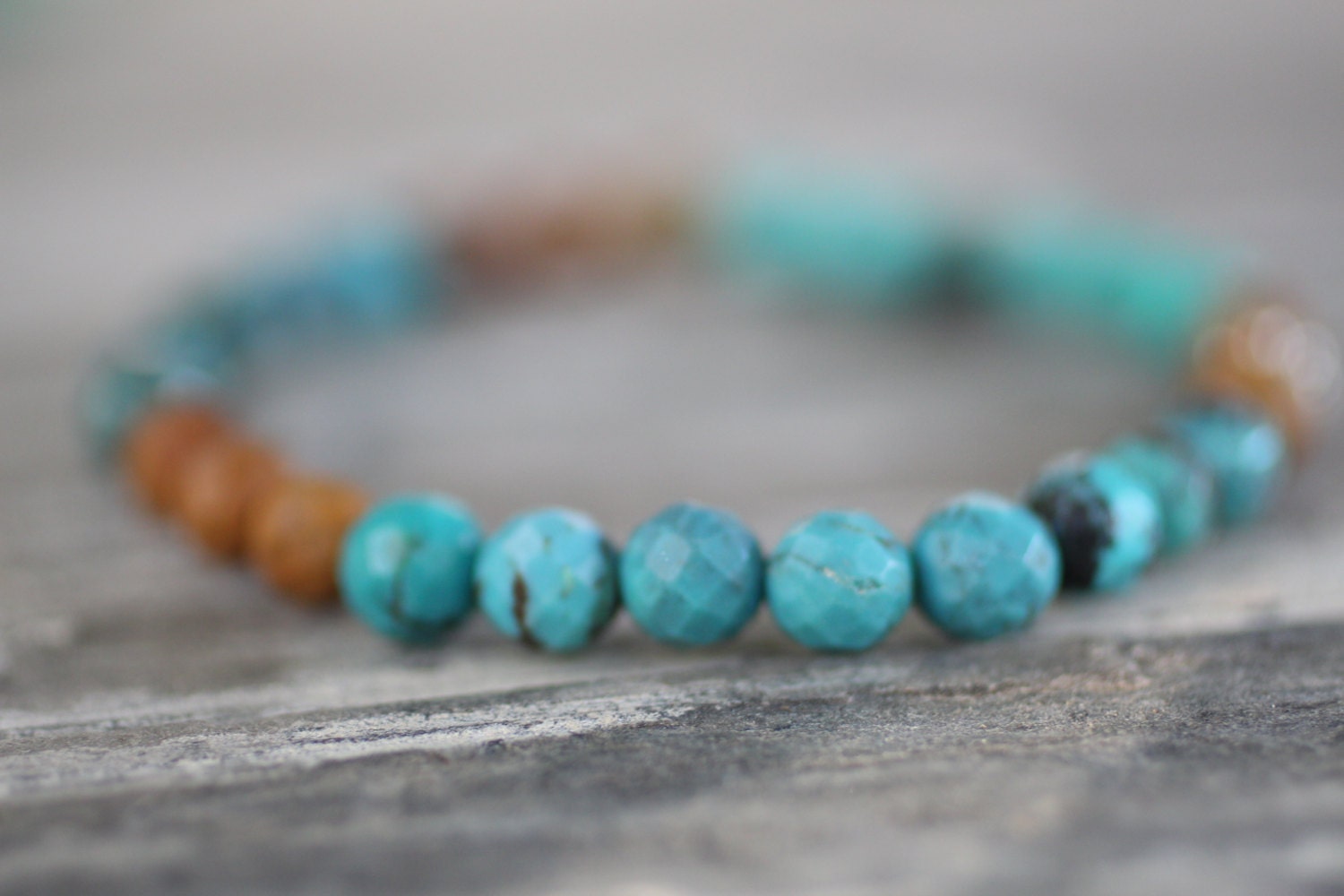 All Natural Turquoise Beaded Stretch Bracelet. Faceted Multicolored Turquoise With Bali Sterling Silver Bead. Blue Green Brown