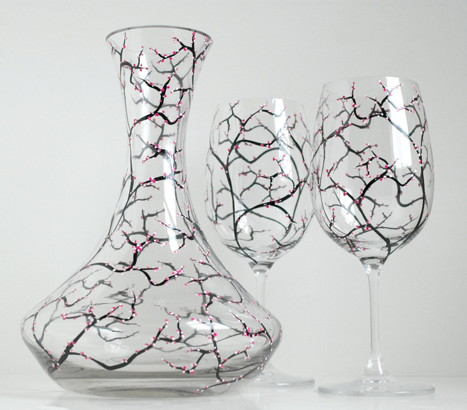 Spring Cherry Blossom Wine Glasses and Decanter--3 Piece Hand-Painted Collection