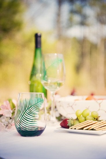 Green Fern Wine Glasses - Set of 4 Hand Painted Fern Glasses - Summer Wedding