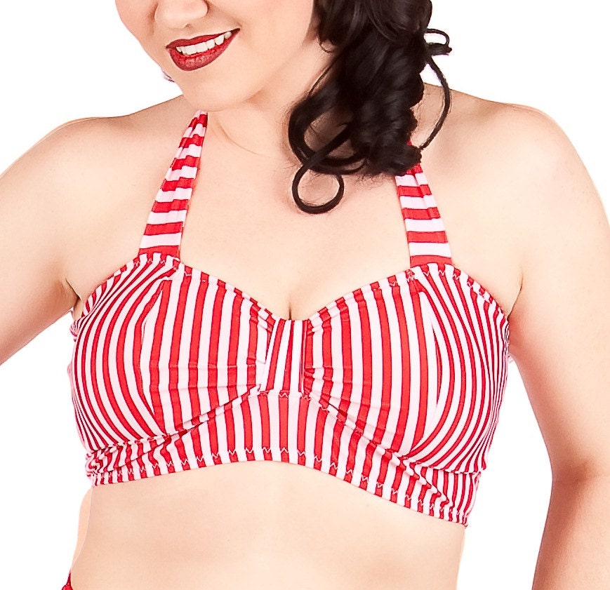 Midge Retro Red Stripes Halter Bikini Top Sizes S, M, L, XL