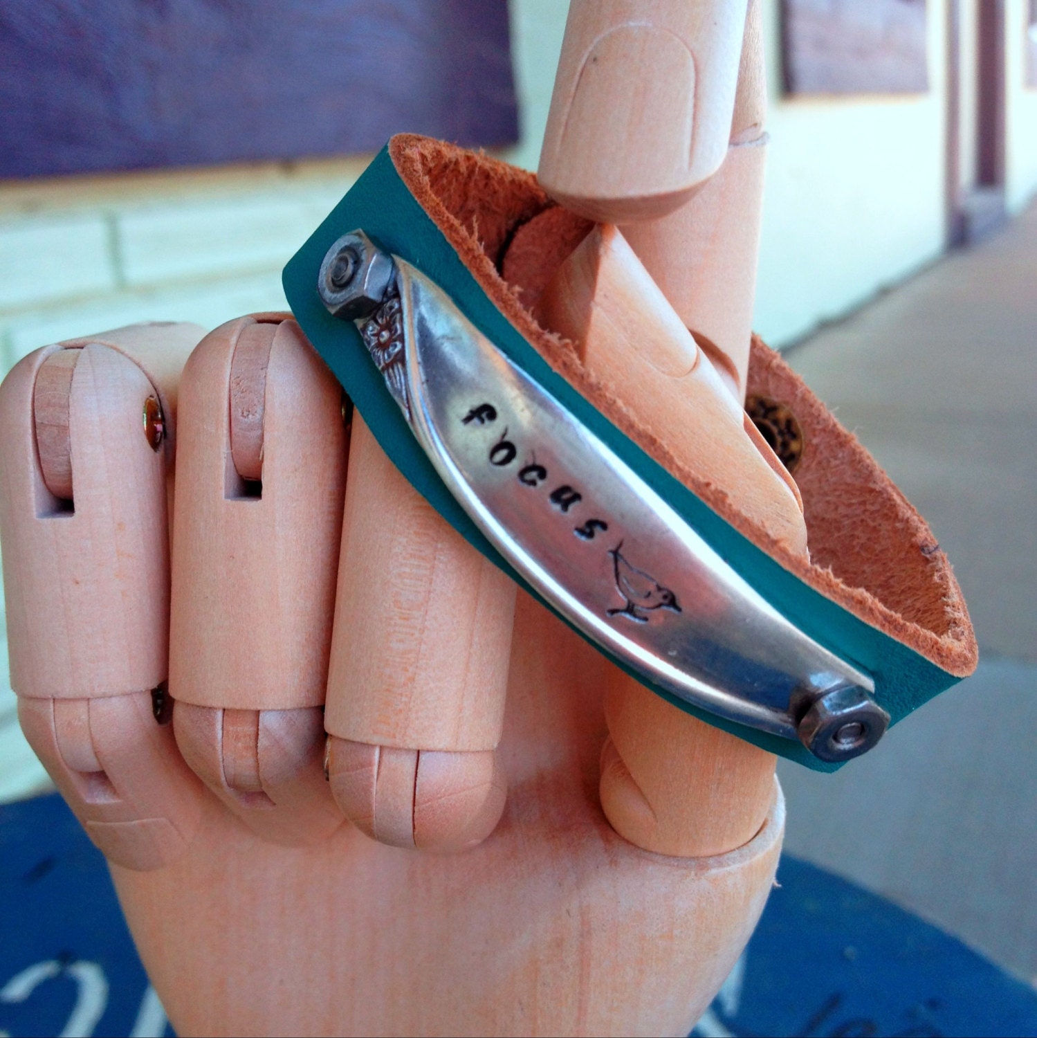 Focus Stamped Spoon Handle Slim Leather Cuff in Teal