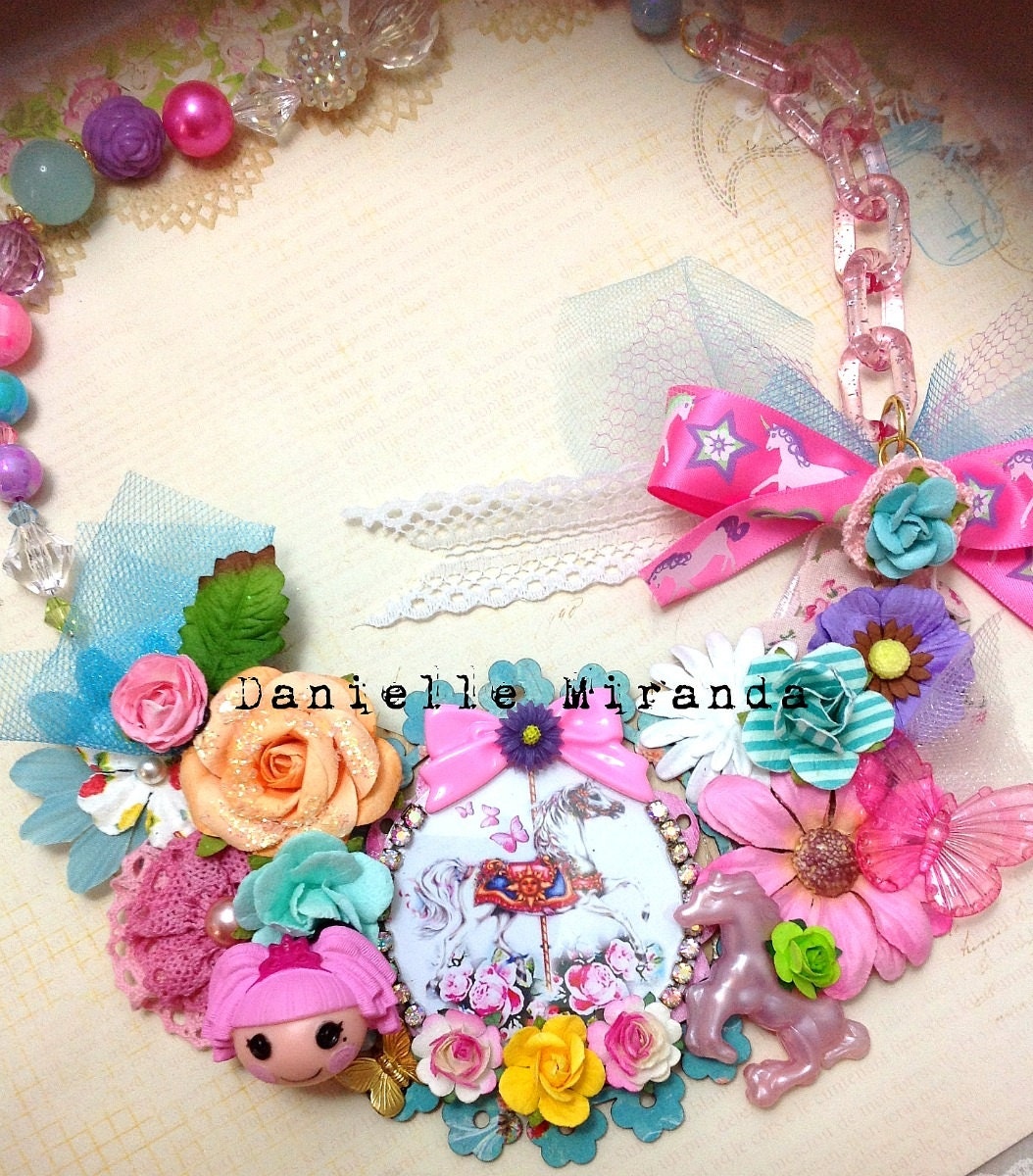 Carousel Unicorn Fantasy Lalaloopsy Garden Floral Statement Necklace