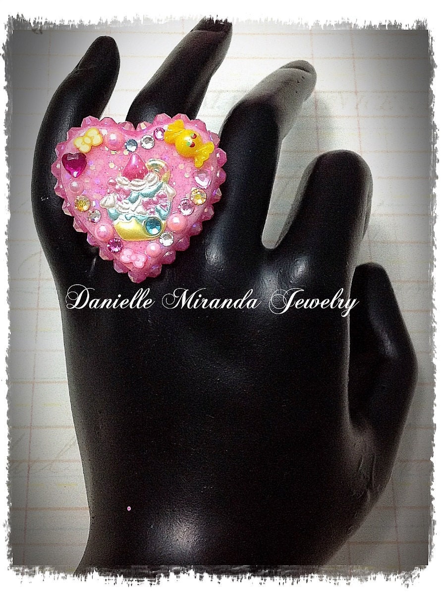 Pretty Pink Sweets Sundae Dessert Kawaii Sparkle Heart Ring