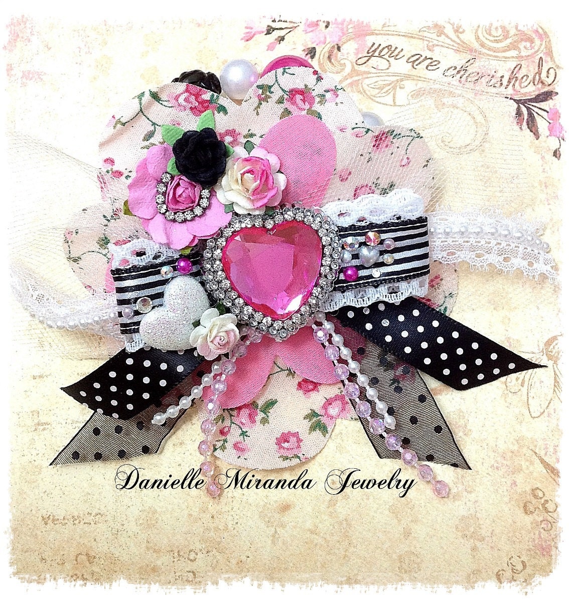Gothic Lolita Kawaii Princess Pink Heart Floral Fabric Collage Corsage Stretch Bracelet